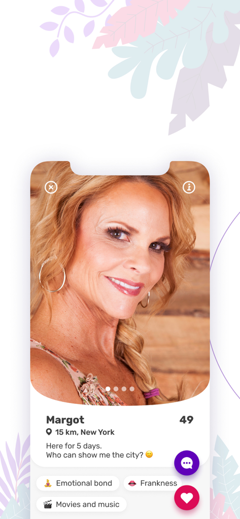 A user profile of a 49 year old woman named Margot on the Siren dating app in New York