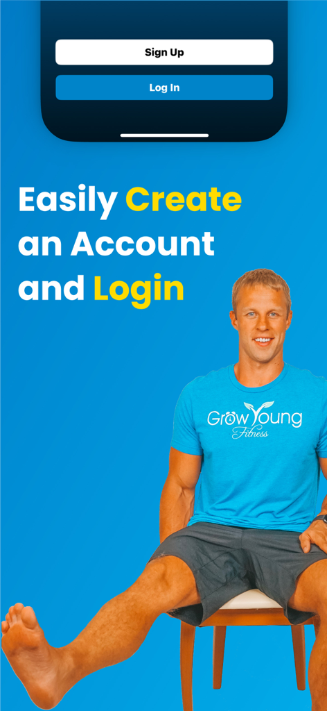 Grow Young Fitness - Grow Young Fitness app screen for account creation and login featuring a chair exercise instructor