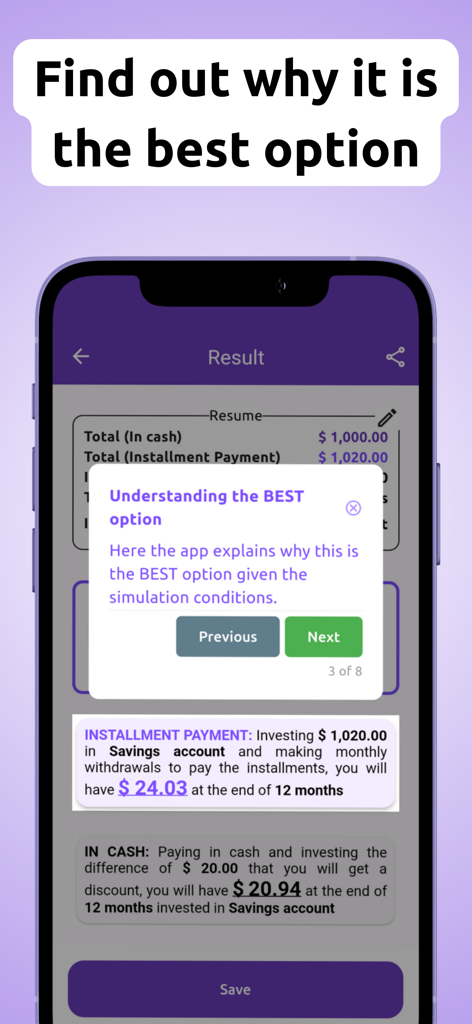 App screen showing a financial comparison between cash and installment payments