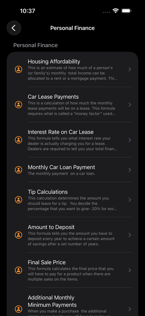 Finance Formulator - Una lista de herramientas de cálculo de finanzas personales en la aplicación Finance Formulator que incluyen asequibilidad de vivienda y pagos de arrendamiento de automóviles.