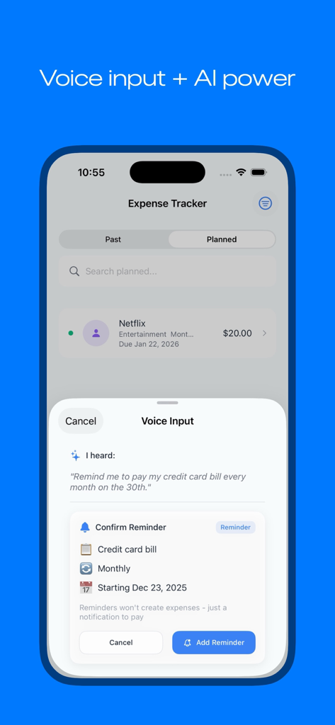 Interfaz de la App de Presupuesto Familiar y del Hogar que muestra una función de entrada de voz utilizando IA para crear un recordatorio de factura mensual de tarjeta de crédito a partir de un comando hablado