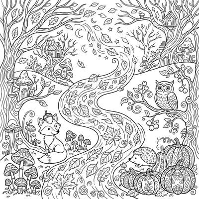 Dive into the magic of autumn with this enchanting dreamscape coloring page. Featuring a playful fox, a wise owl, and a cute hedgehog amidst falling leaves and pumpkins, it's perfect for all ages.