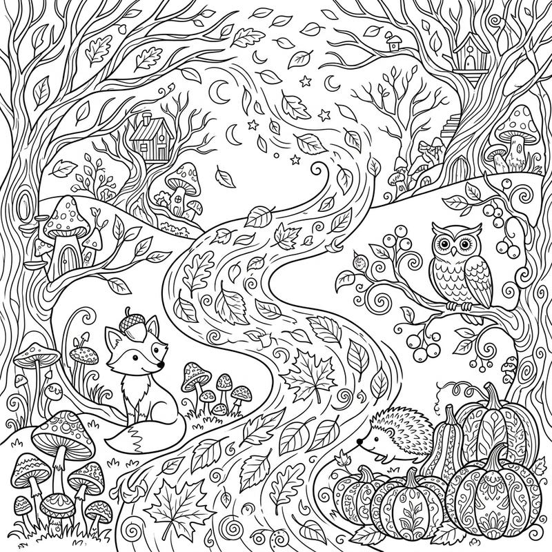 Dive into the magic of autumn with this enchanting dreamscape coloring page. Featuring a playful fox, a wise owl, and a cute hedgehog amidst falling leaves and pumpkins, it's perfect for all ages.