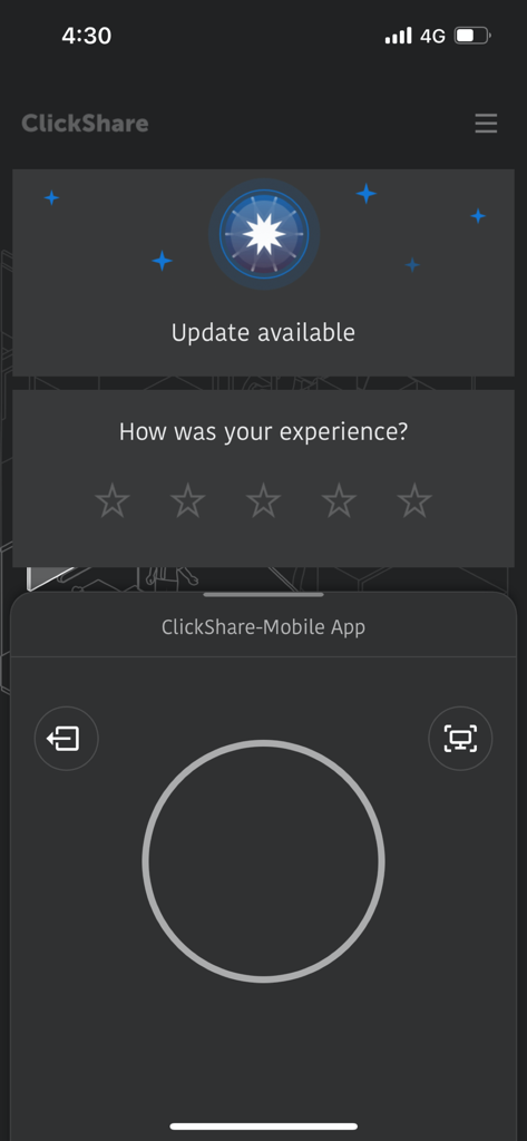 ClickShare-App-Oberfläche für drahtlose Bildschirmfreigabe und Besprechungsraum-Konnektivität.