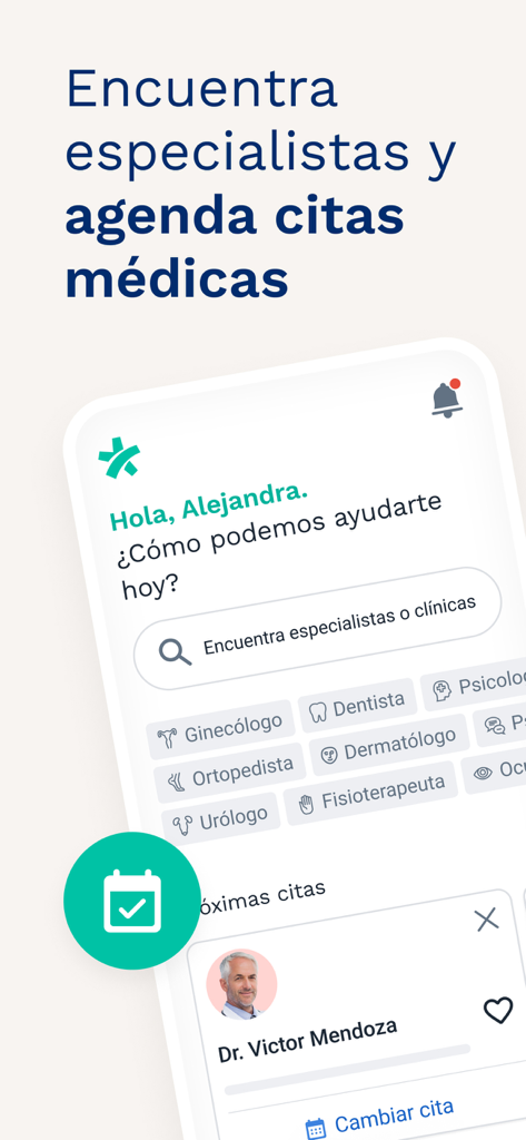 Interface do aplicativo Doctoralia exibindo busca de especialistas médicos e gerenciamento de consultas em espanhol