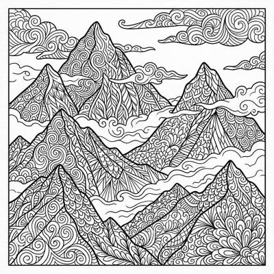 Embark on a tranquil coloring adventure with this stunning Zentangle Misty Mountains design. Each peak and cloud is adorned with intricate patterns, offering a unique blend of nature and abstract art.