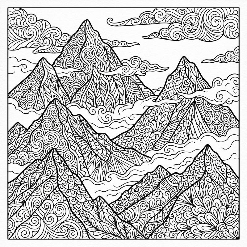 Embark on a tranquil coloring adventure with this stunning Zentangle Misty Mountains design. Each peak and cloud is adorned with intricate patterns, offering a unique blend of nature and abstract art.