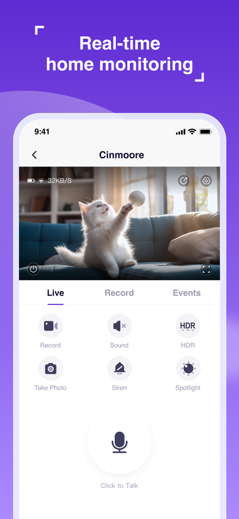 Cinmoore app screen showing real time home monitoring with a live camera feed of a pet