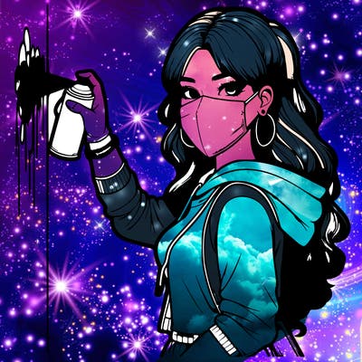 realistic girl with mask spray painting a wall