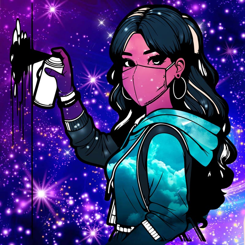 realistic girl with mask spray painting a wall