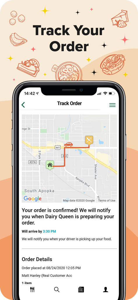 We Deliver! - We Deliver App-Oberfläche, die die Echtzeit-Bestellverfolgung auf einer Karte mit geschätzter Ankunftszeit anzeigt.