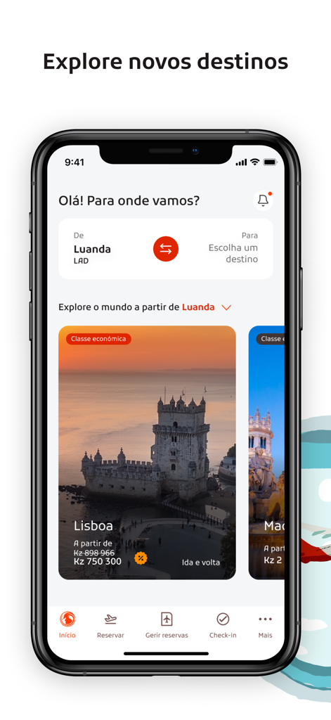 FLYTAAG mobile app home screen showing flight search from Luanda and featured destinations like Lisbon