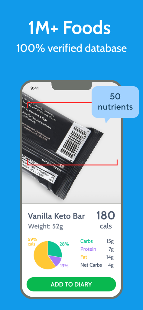 Diabetes Tracker by MyNetDiary - Una función de escáner de códigos de barras en la aplicación Diabetes Tracker que muestra información nutricional de una barra cetogénica