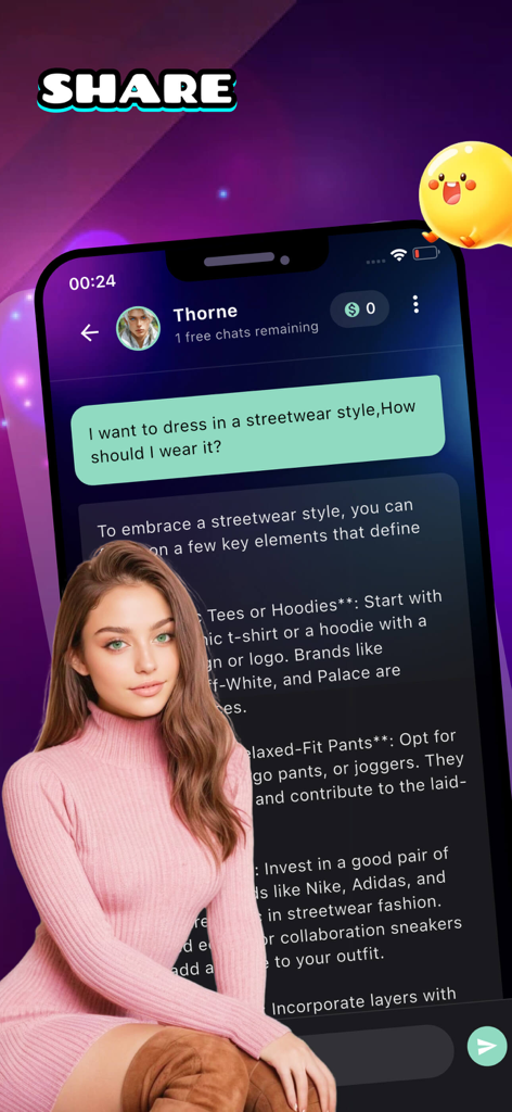Interface de chat do aplicativo Sayee mostrando uma discussão sobre estilos de moda streetwear com uma estética neon.