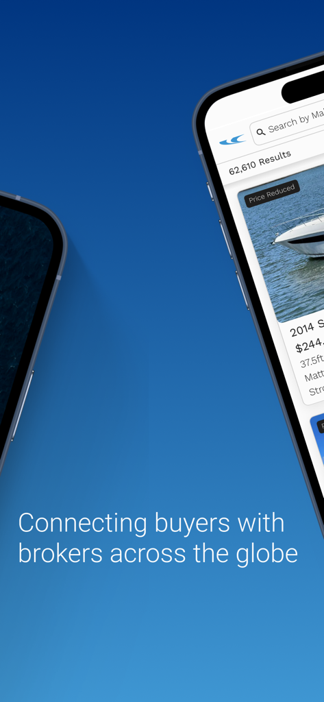 Smartphone che visualizza l'app YachtWorld con risultati di ricerca yacht e messaggio di connessione broker globale.
