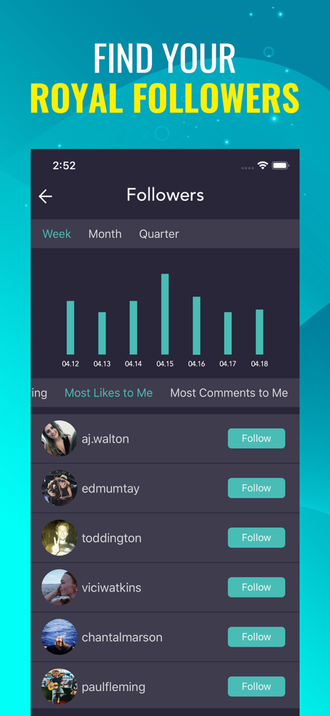 Followers Track & Likes Insigt - Una pantalla de aplicación móvil que muestra análisis de seguidores de Instagram y una lista de los seguidores más leales.