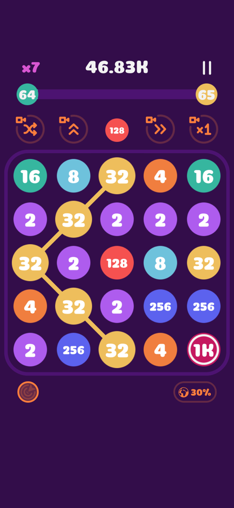 Connect the Pops! - Una pantalla de juego móvil que muestra burbujas numeradas coloridas conectándose y fusionándose en Connect the Pops.