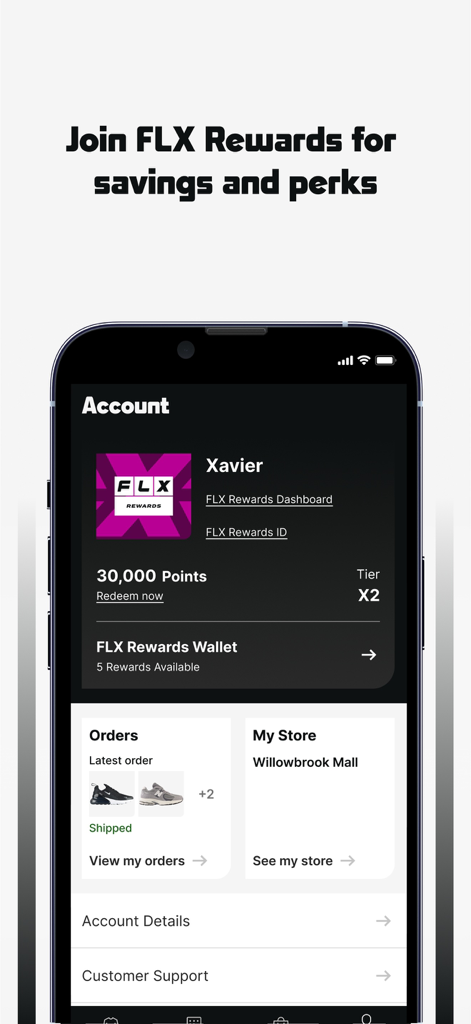 Foot Locker App-Konto-Oberfläche, die FLX-Belohnungspunkte und den Status der Mitgliedsstufe anzeigt
