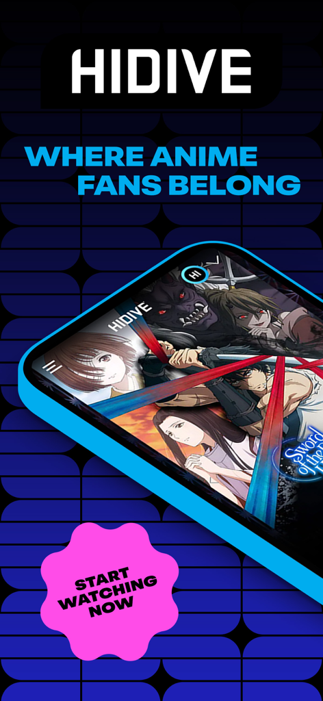 HIDIVE app interface showing anime characters and the slogan Where Anime Fans Belong