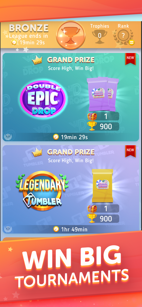 A screenshot of Scrabble GO showcasing various word game tournaments and rewards like trophies and prize chests