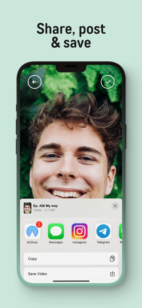 iOS share menu in the Prompted teleprompter app showing options to share or save a recorded selfie video.