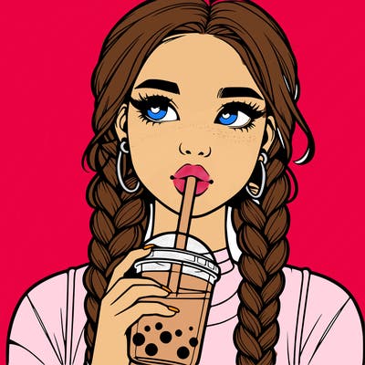 realistic girl with braided hair drinking boba