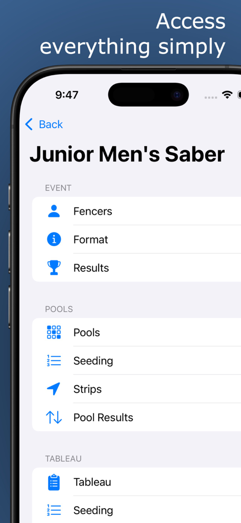 Fencing Helper - Fencing Helper mobile app interface displaying a tournament event menu for Junior Men Saber
