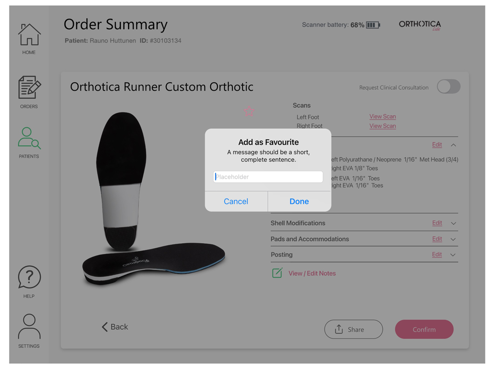 Orthotica3D - Order summary screen in the Orthotica3D app showing a popup to add a custom runner orthotic to favorites.