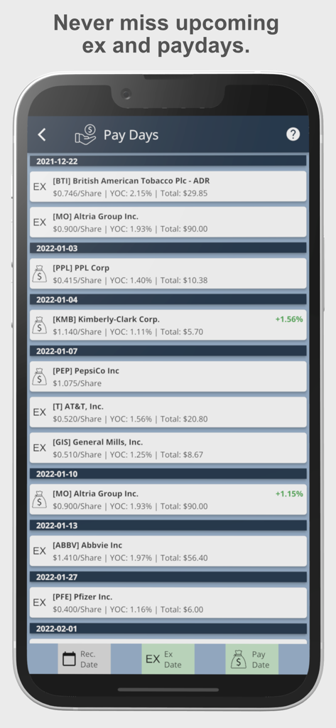 22 Dividends - A mobile interface displaying upcoming dividend ex-dates and paydays for various stock holdings.