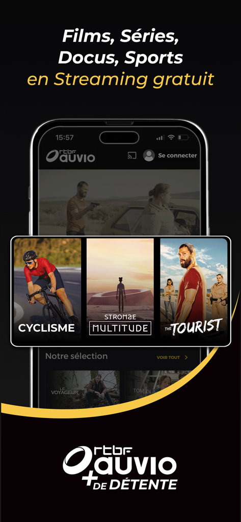 Smartphone screen displaying RTBF Auvio app with sections for movies, series, and live cycling sports.