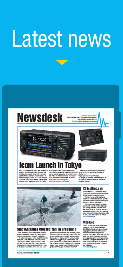 Practical Wireless - Latest news section of the Practical Wireless digital magazine showing amateur radio articles on a tablet screen.