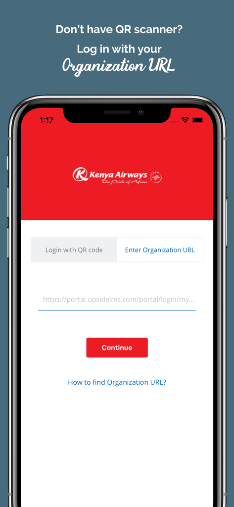 KQIlearn - Pantalla de inicio de sesión de la aplicación KQIlearn que muestra la opción de ingresar una URL de organización.