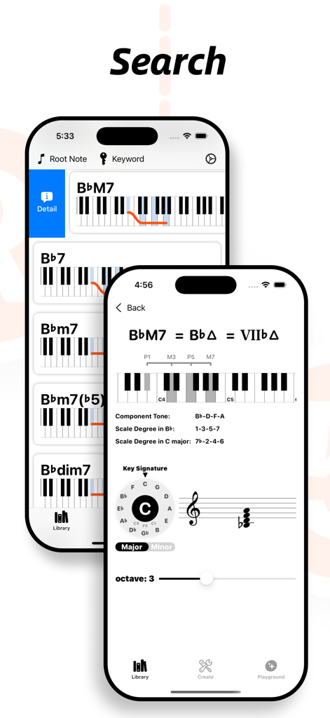 GenChord app screenshot showing a search for piano chords and detailed music theory information.