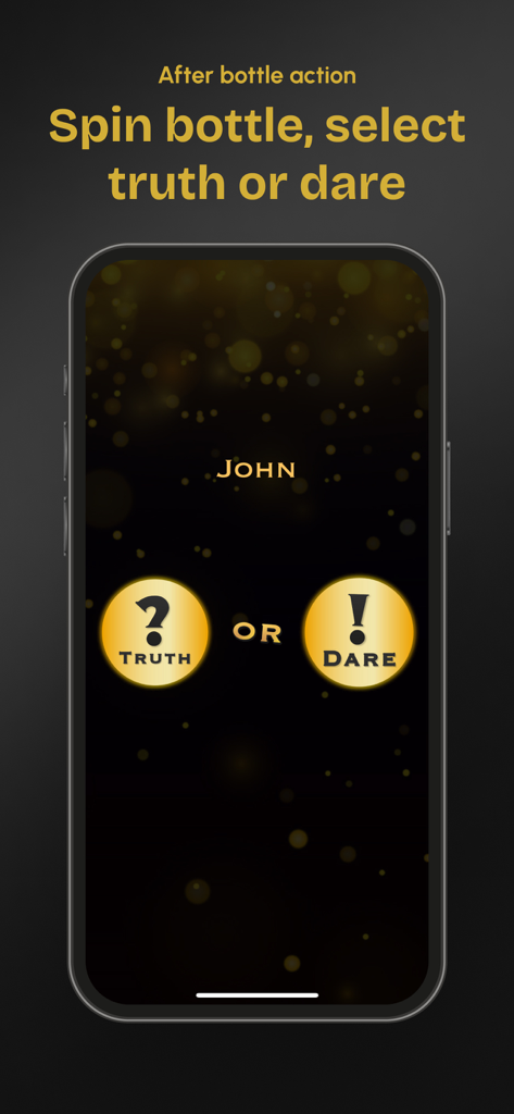 A mobile app interface for couples showing a choice between Truth and Dare buttons on a black and gold background.