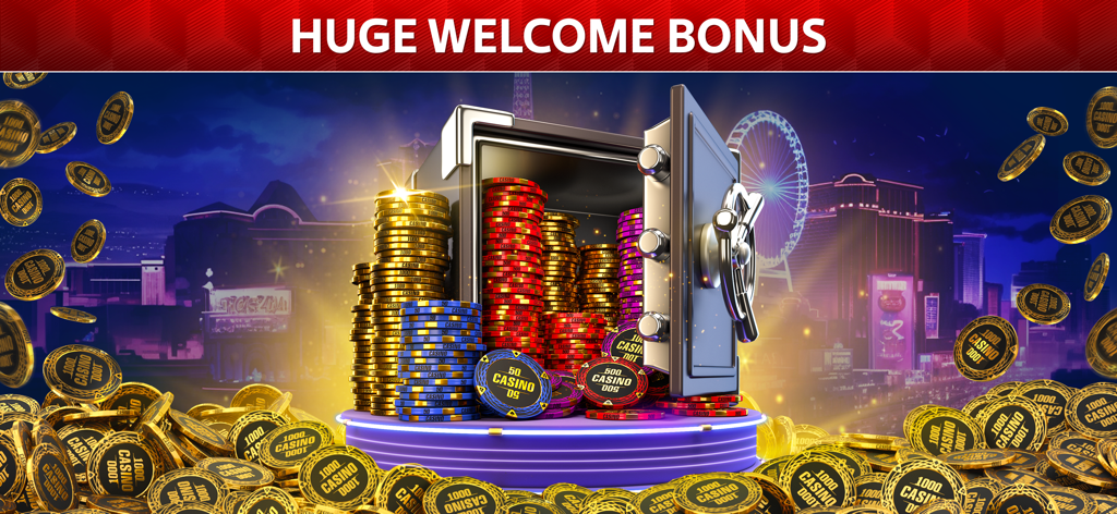 Plink by Pokerist - An open safe filled with gold coins and casino chips against a Las Vegas night cityscape with a Huge Welcome Bonus headline
