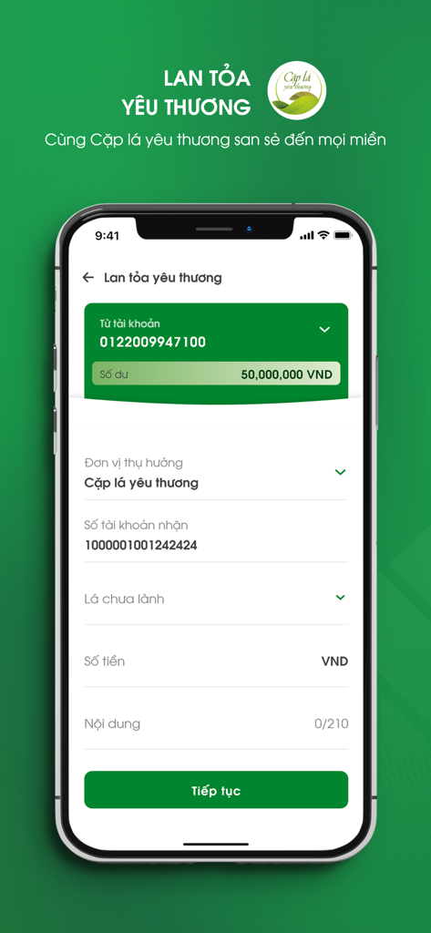 Captura de tela do aplicativo móvel VBSP SmartBanking exibindo uma tela de transferência de doação para o programa de política social Cap La Yeu Thuong.
