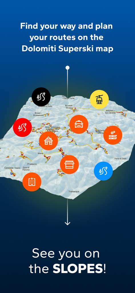 An interactive 3D map of the Dolomiti Superski region with navigation icons for planning routes and finding services