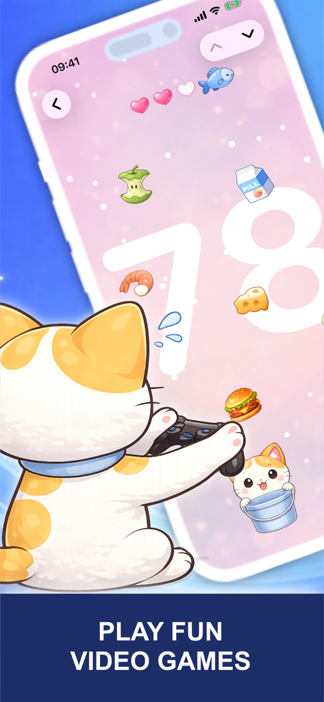 Cleaner Kiki: Storage Cleanup - A cartoon cat character named Kiki holding a game controller and playing a mobile game with food icons