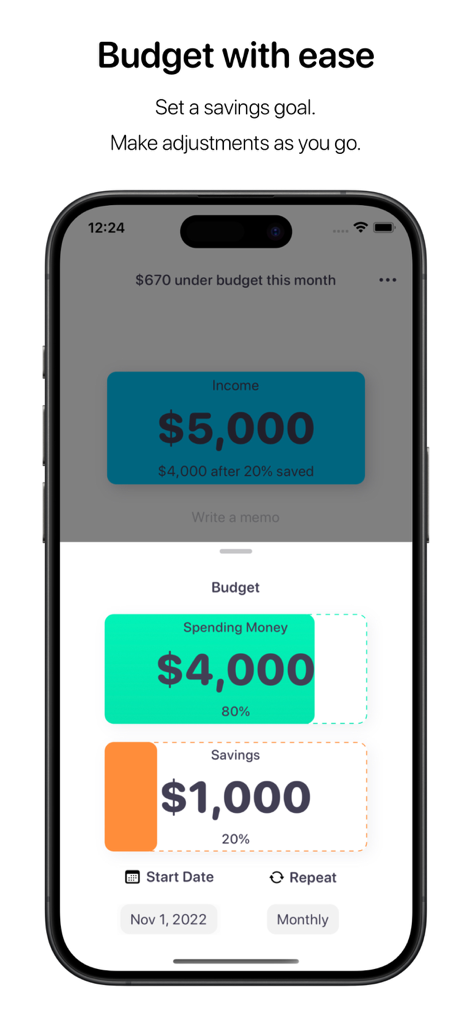 Nudget app interface showing monthly budget and savings goal setup
