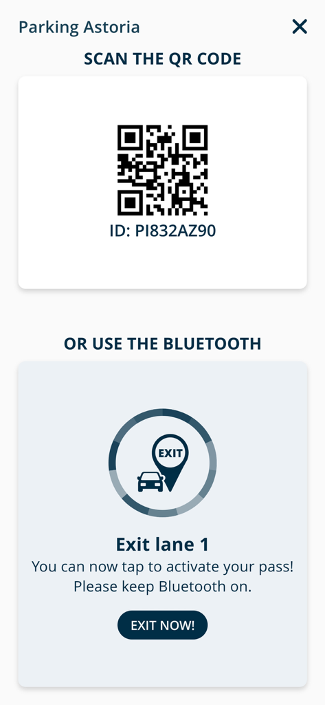 JPass - Mobile app interface showing options to exit a parking garage using a QR code or Bluetooth activation.