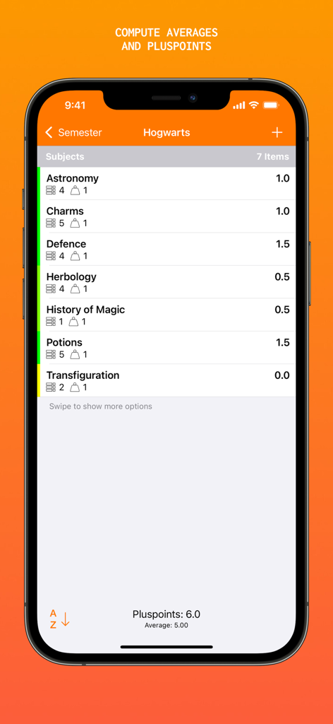 iPhone screenshot of Grade Calculator PlusPoints app showing school subjects like Astronomy and Charms with grade averages