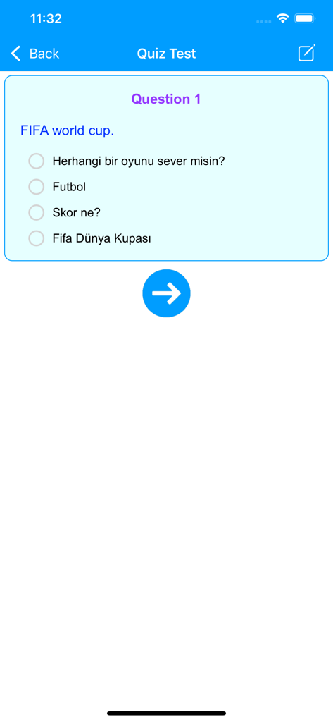 Quizbildschirm einer Türkischlern-App mit einer Übersetzungsfrage.