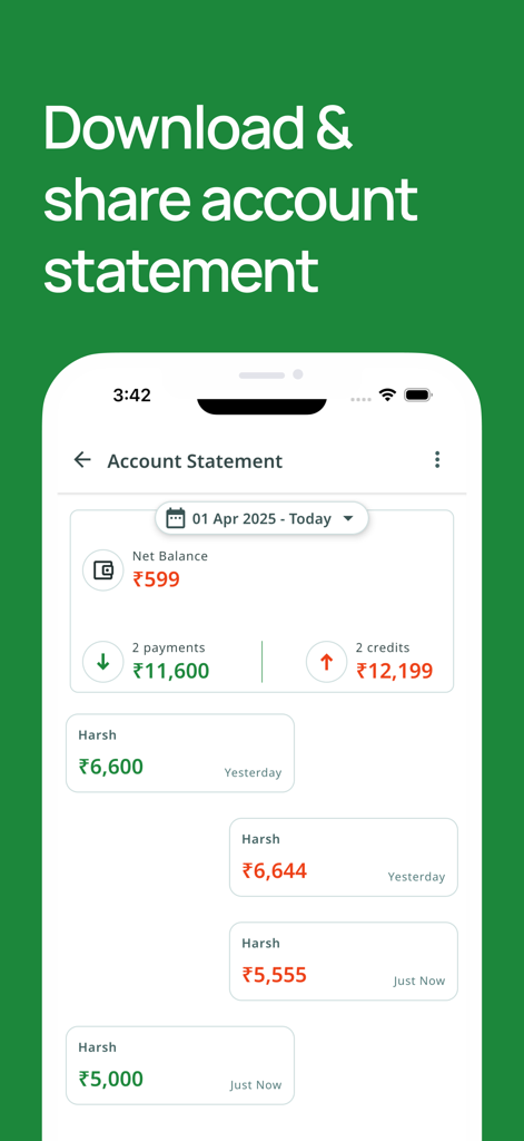 OkCredit - Udhar Bahi Khata - OkCredit app account statement screen showing net balance and transaction history