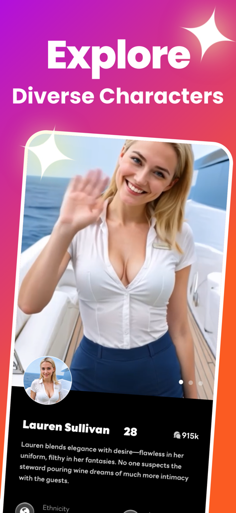 Janio AI - AI Roleplay Chat - Janio AI mobile app interface showing a character profile for Lauren Sullivan a 28 year old AI roleplay companion.