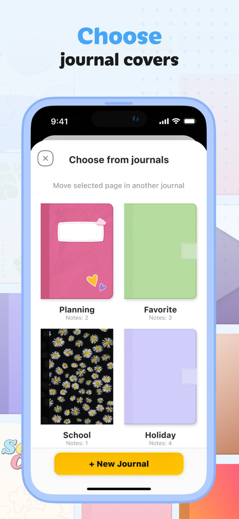 A selection of aesthetic digital journal covers in pink, green, floral, and purple within the Digital Planner app.