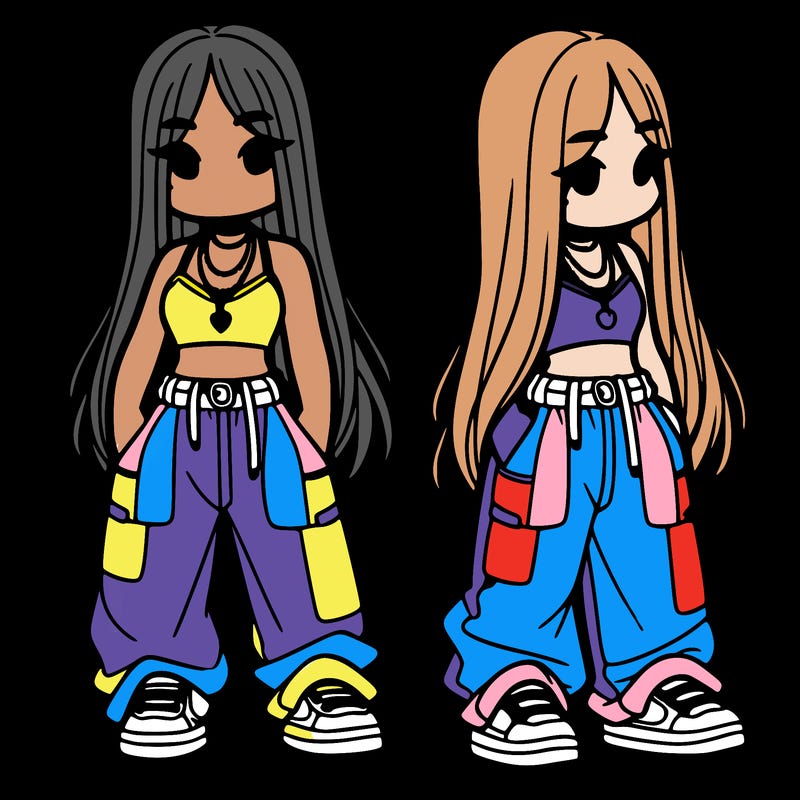 girl in baggy pants crop top and long hair