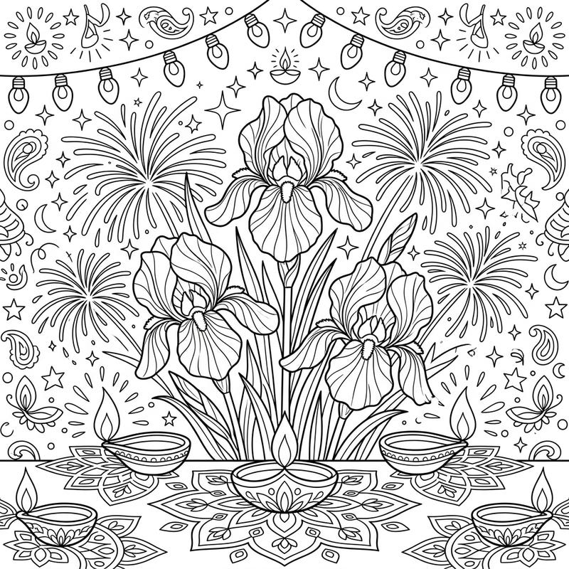 Immerse yourself in the beauty of Diwali with this intricate coloring page. Featuring elegant blue irises intertwined with traditional diyas and sparkling fireworks, it's a perfect blend of natural grace and festive celebration.