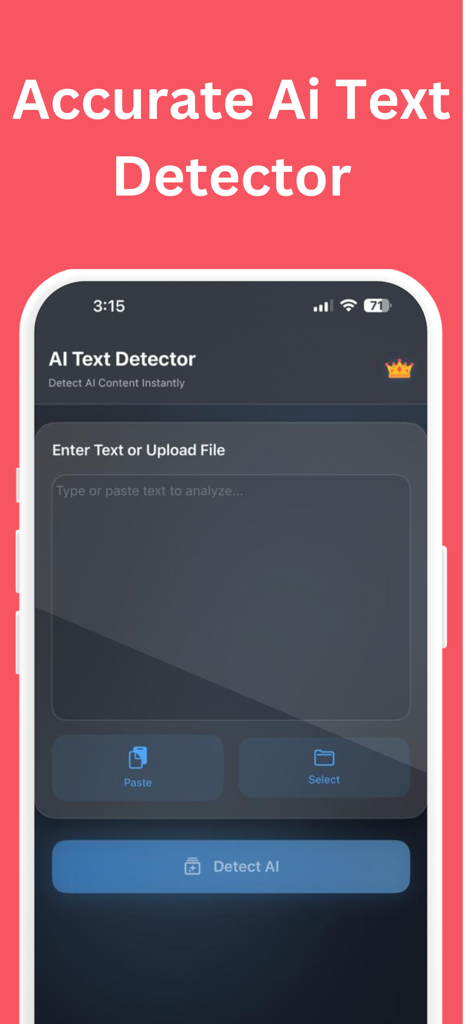 AI生成のテキストを分析するための入力画面を示すGPT Detectorアプリのモバイルインターフェース