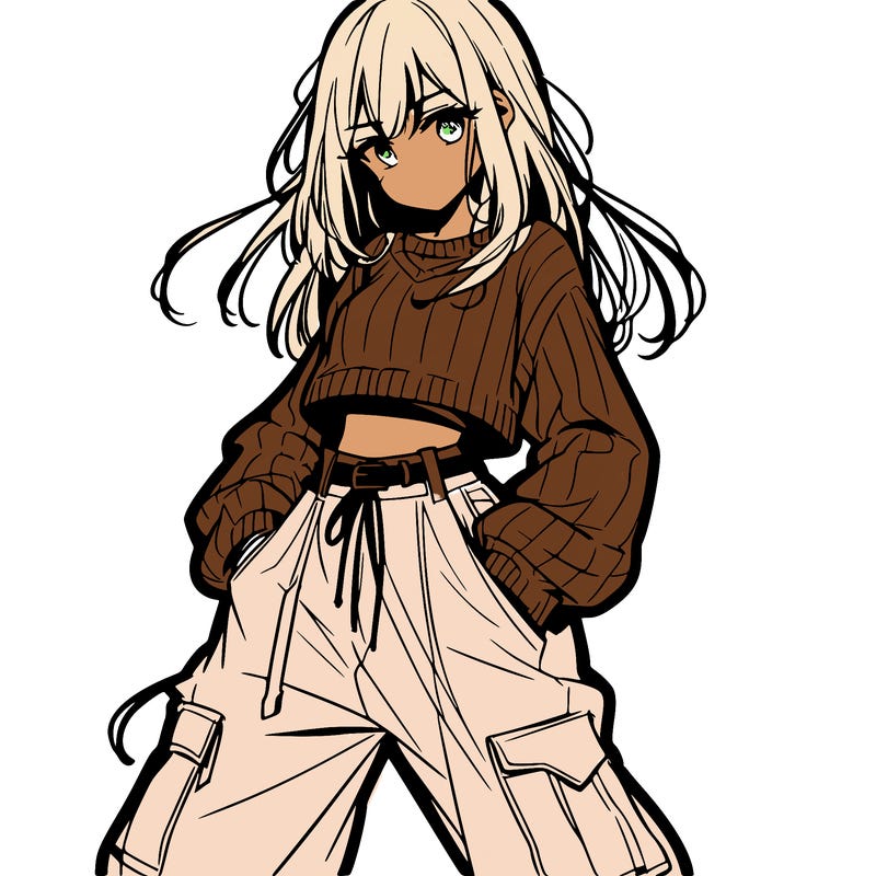 anime teen girl with baggy pants and crop top with sweater