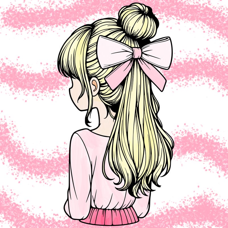 realistic girl  with hip length hair a bun and a big bow on the back of head